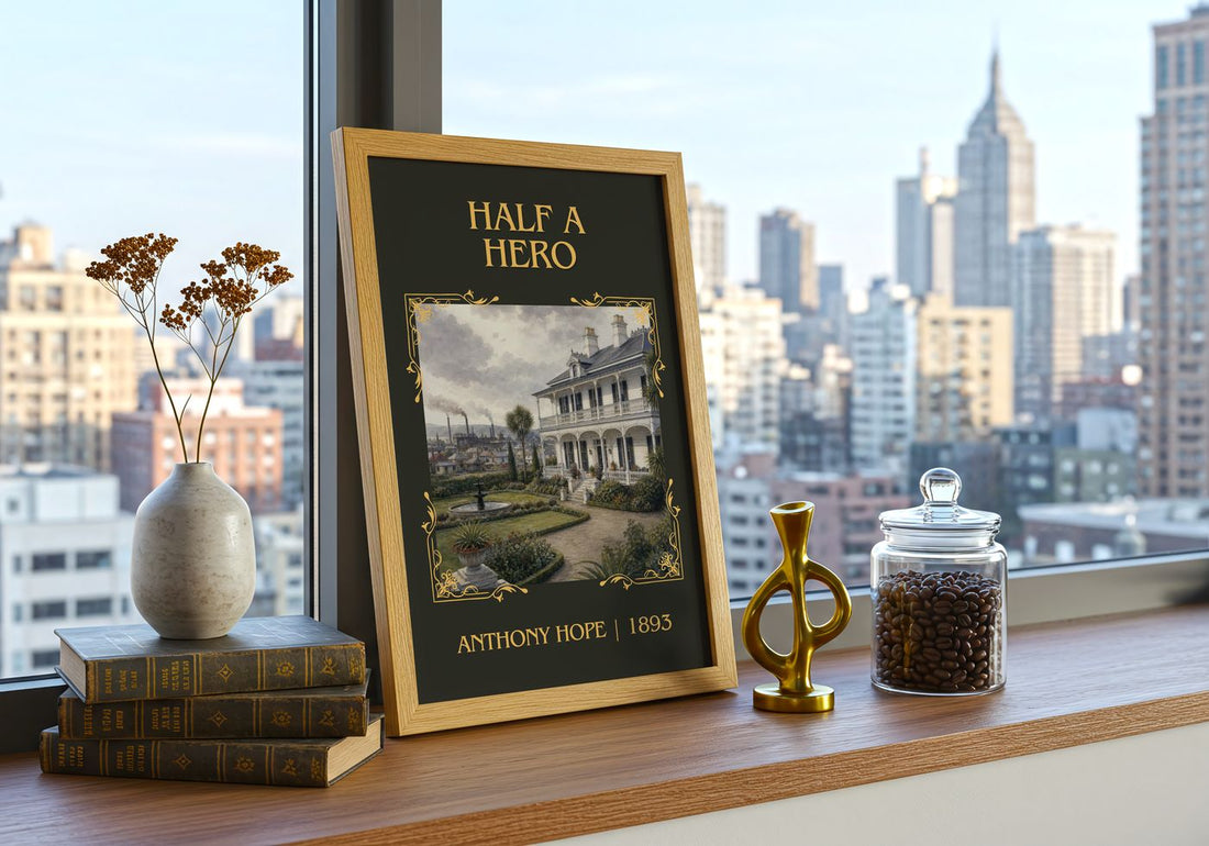 Half A Hero Classic Book Art Print by Anthony Hope – framed print on a city-view windowsill