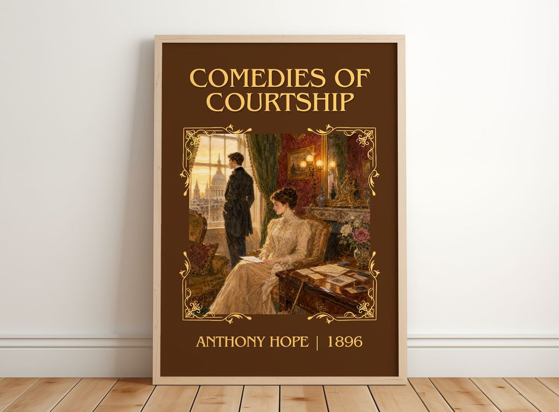 Comedies Of Courtship Classic Book Art Print by Anthony Hope – framed print leaning on a wooden floor