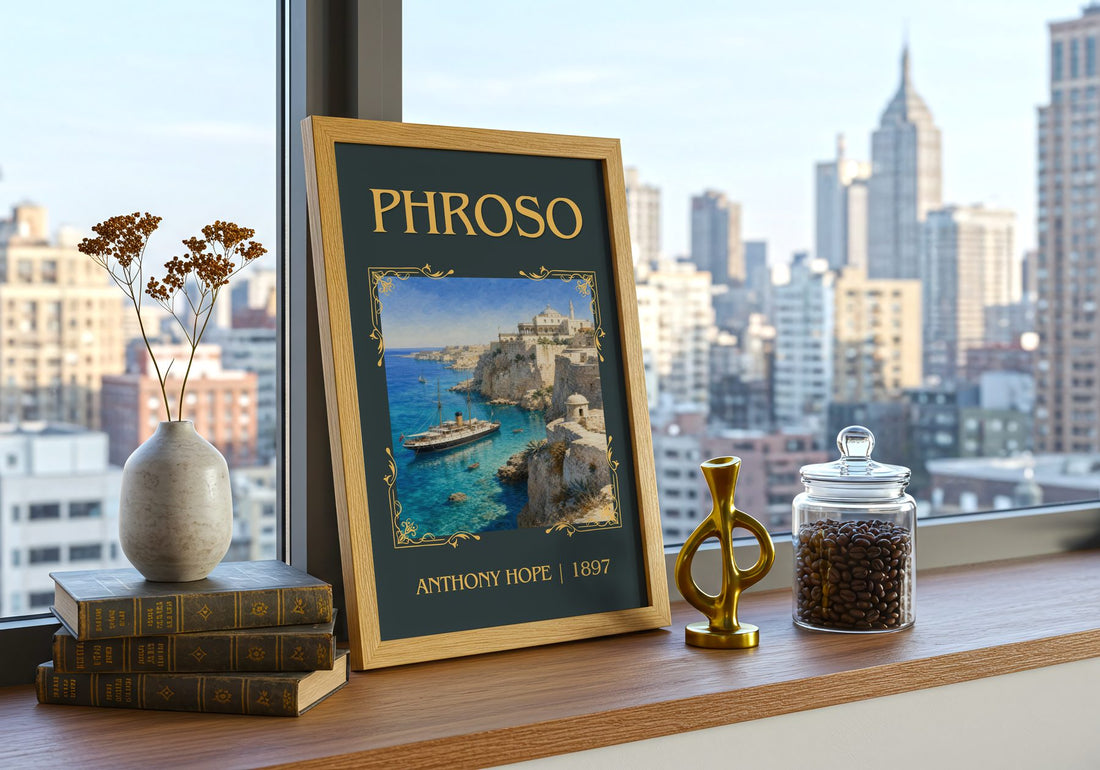Phroso Classic Book Art Print by Anthony Hope – framed print on a city-view windowsill