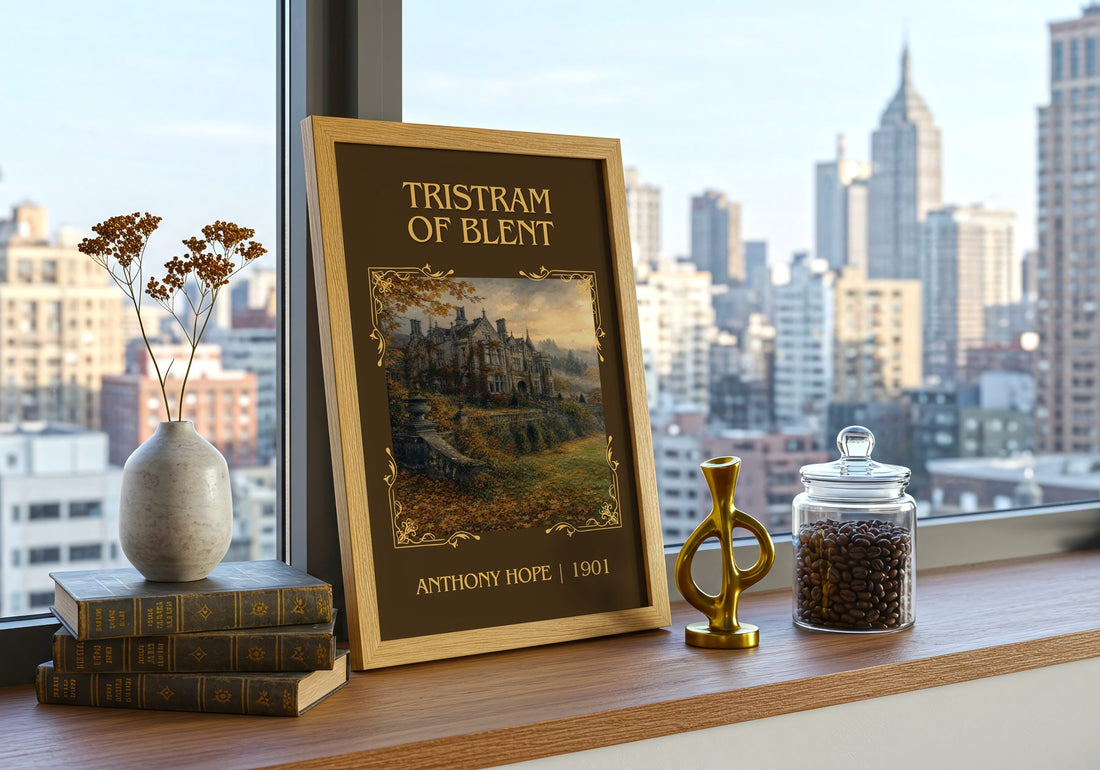 Tristram Of Blent Classic Book Art Print by Anthony Hope – framed print on a city-view windowsill