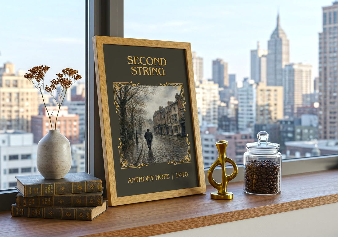 Second String Classic Book Art Print by Anthony Hope – framed print on a city-view windowsill