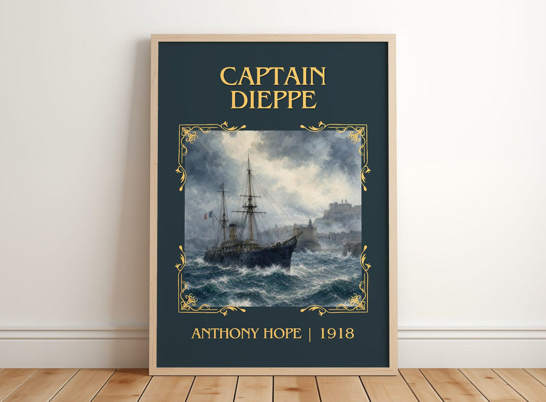 Captain Dieppe Classic Book Art Print by Anthony Hope – framed print leaning on a wooden floor