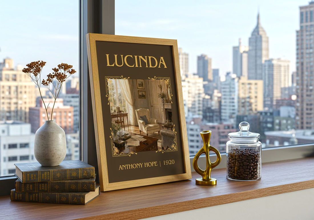 Lucinda Classic Book Art Print by Anthony Hope – framed print on a city-view windowsill