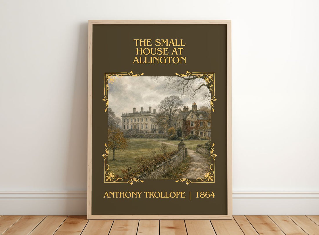 Small House At Allington Classic Book Art Print by Anthony Trollope – framed print leaning on a wooden floor