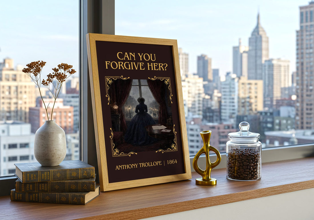 Can You Forgive Her? Classic Book Art Print by Anthony Trollope – framed print on a city-view windowsill