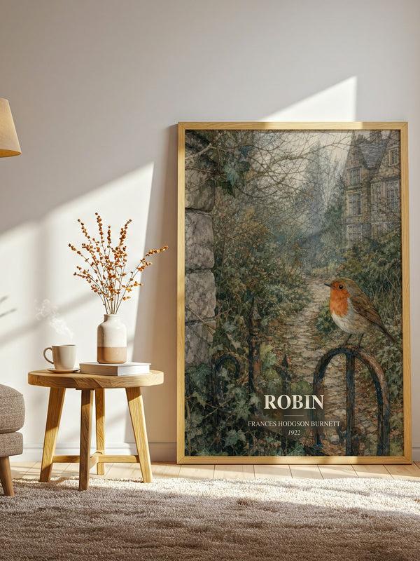 Robin watercolour print in frame leaning in hallway – historical fiction wall art
