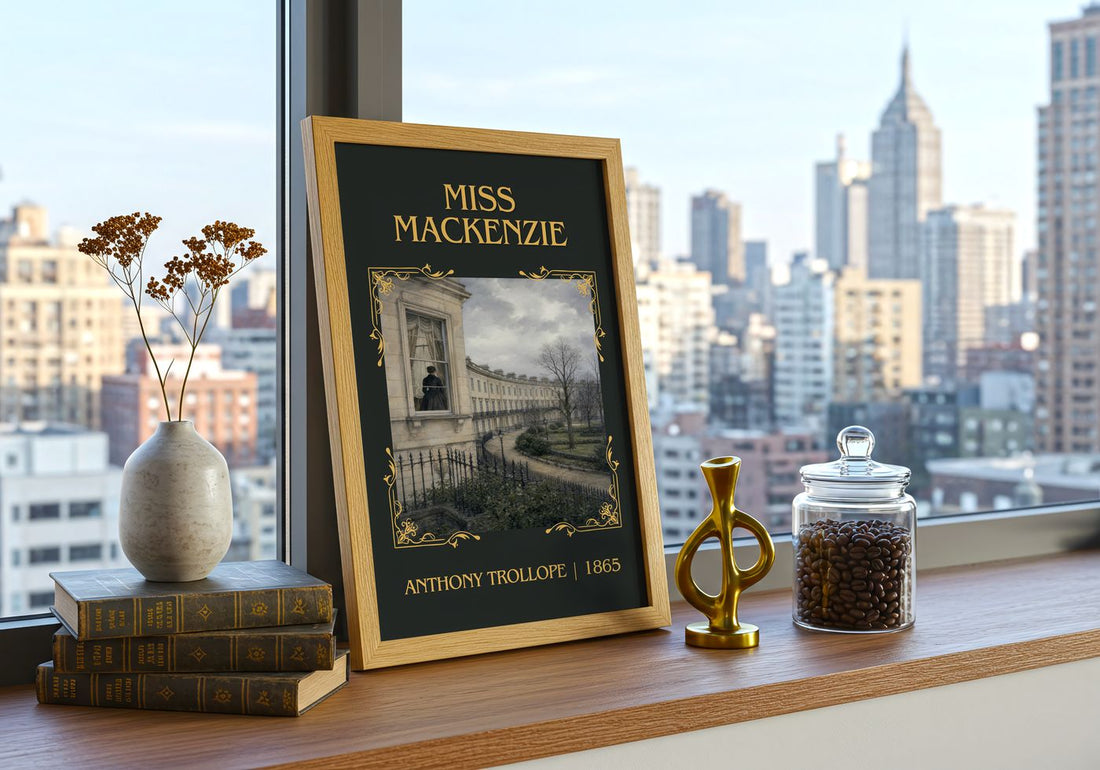Miss Mackenzie Classic Book Art Print by Anthony Trollope – framed print on a city-view windowsill