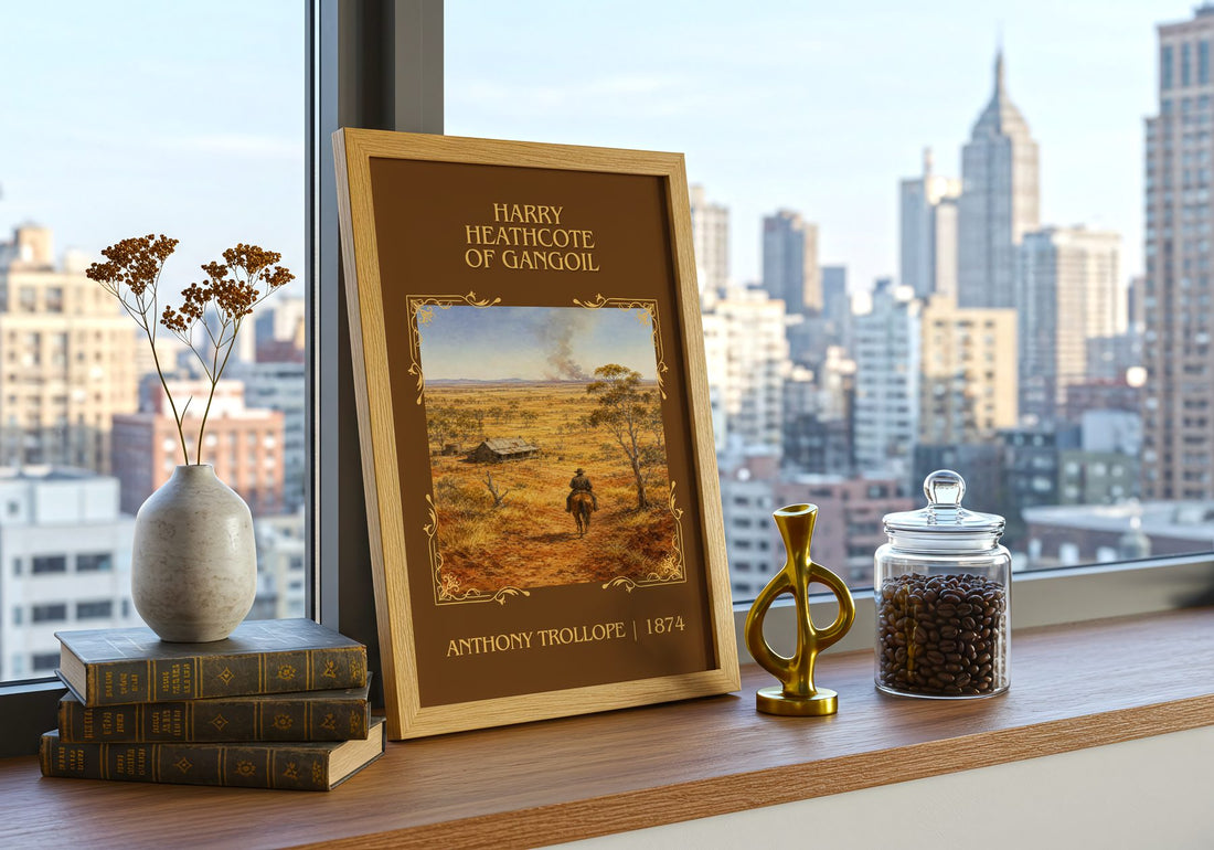 Harry Heathcote Of Gangoil Classic Book Art Print by Anthony Trollope – framed print on a city-view windowsill