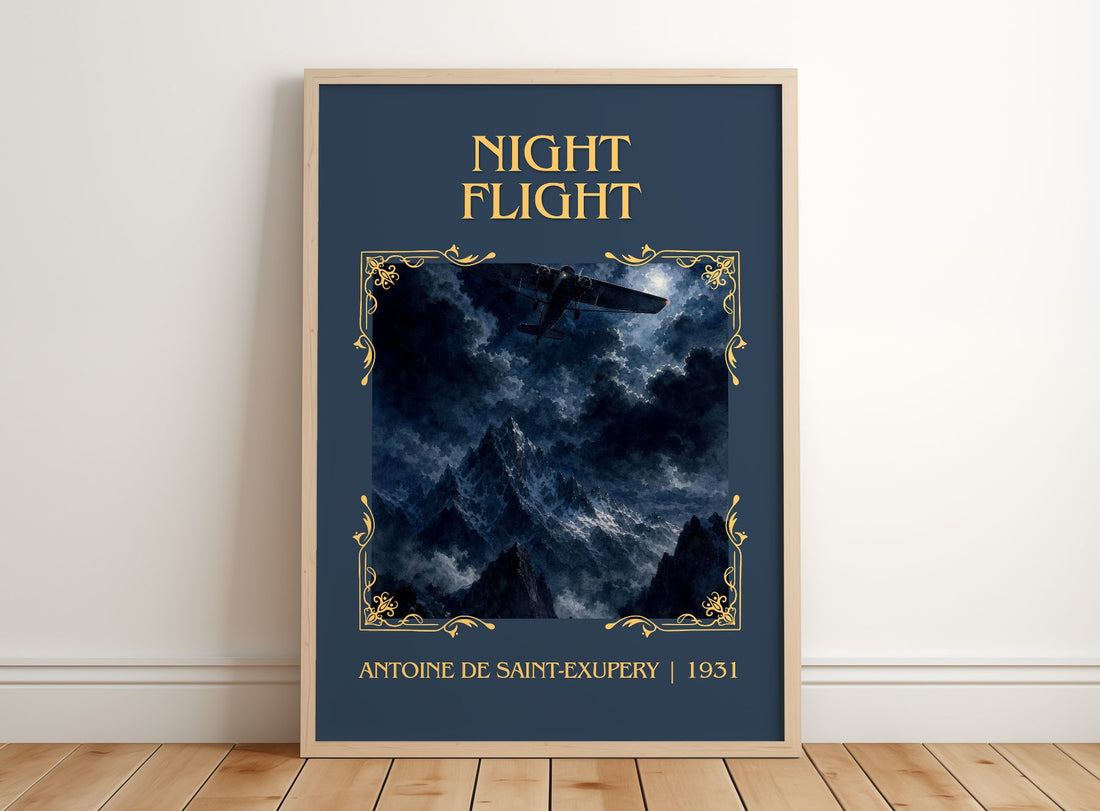 Night Flight Classic Book Art Print by Antoine De Saint-Exupery – framed print leaning on a wooden floor