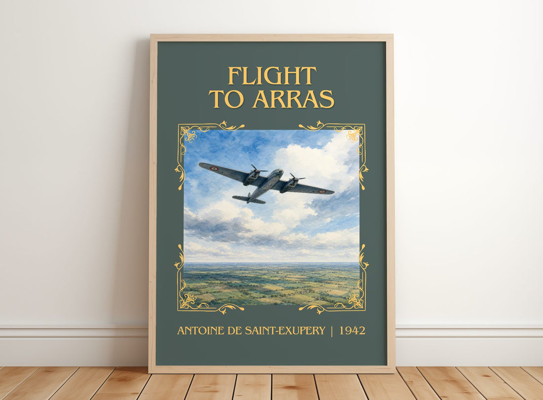 Flight To Arras Classic Book Art Print by Antoine De Saint-Exupery – framed print leaning on a wooden floor