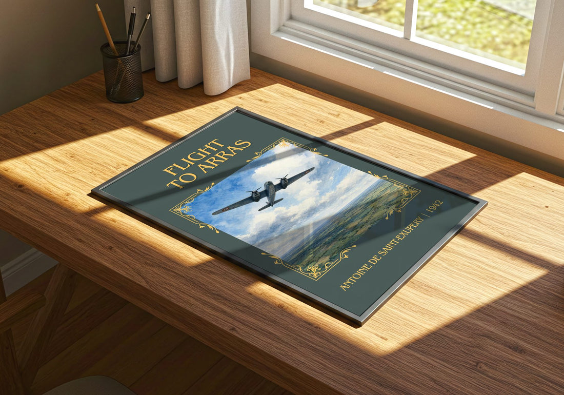 Flight To Arras Classic Book Art Print by Antoine De Saint-Exupery – print on a sunlit desk