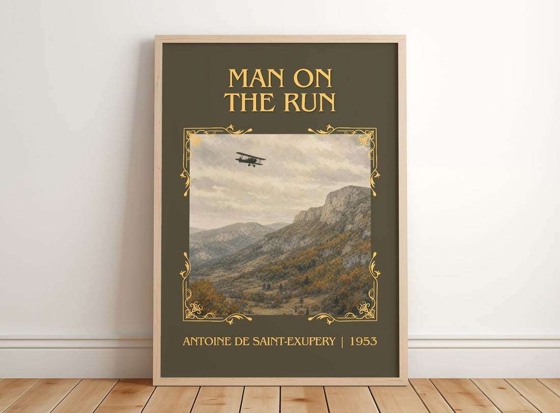 Man On The Run Classic Book Art Print by Antoine De Saint-Exupery – framed print leaning on a wooden floor