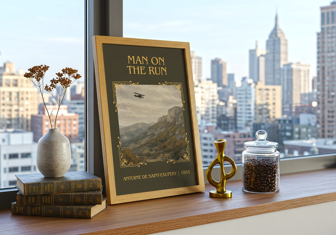 Man On The Run Classic Book Art Print by Antoine De Saint-Exupery – framed print on a city-view windowsill