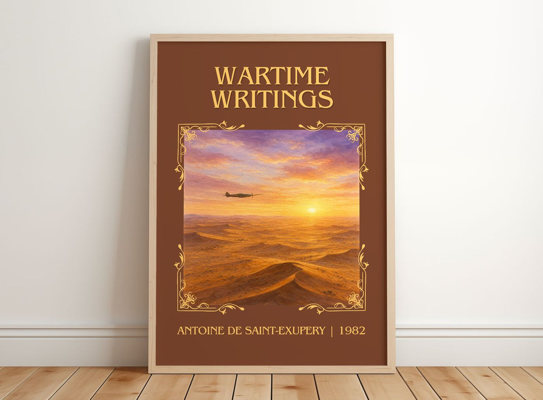 Wartime Writings Classic Book Art Print by Antoine De Saint-Exupery – framed print leaning on a wooden floor