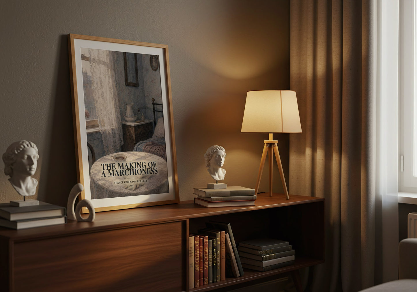 The Making Of A Marchioness watercolour print on bookshelf – Frances Hodgson Burnett fan gift
