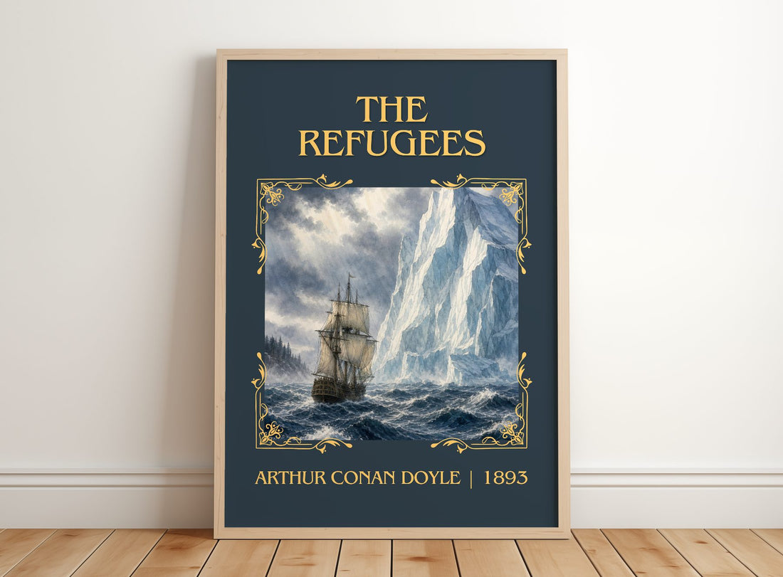 The Refugees Classic Book Art Print by Arthur Conan Doyle – framed print leaning on a wooden floor
