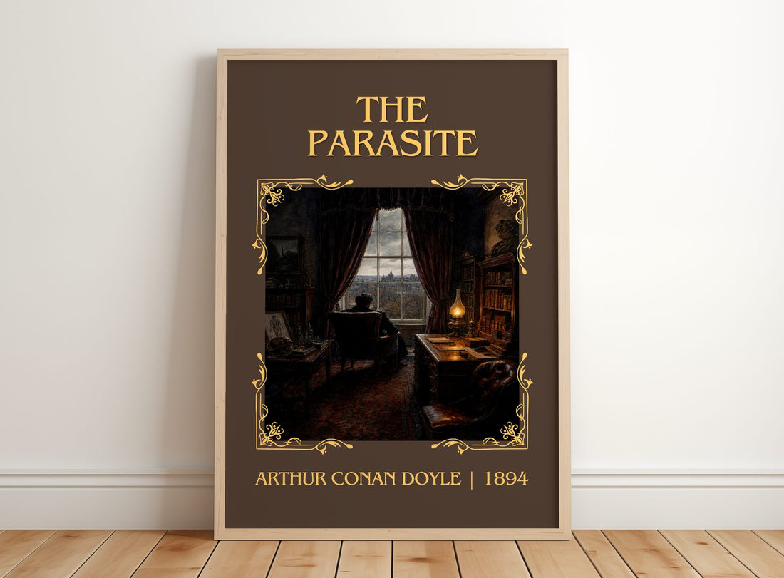 The Parasite Classic Book Art Print by Arthur Conan Doyle – framed print leaning on a wooden floor