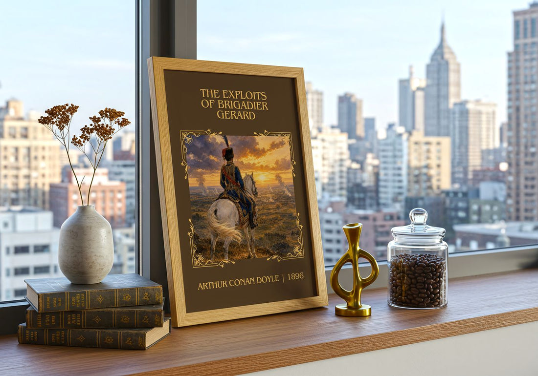 Exploits Of Brigadier Gerard Classic Book Art Print by A. Doyle – framed print on a city-view windowsill