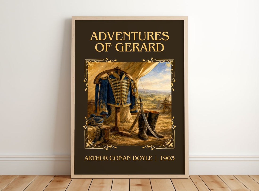 Adventures Of Gerard Classic Book Art Print by Arthur Conan Doyle – framed print leaning on a wooden floor