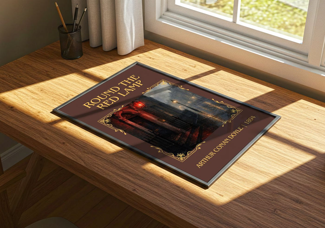Round The Red Lamp Classic Book Art Print by Arthur Conan Doyle – print on a sunlit desk