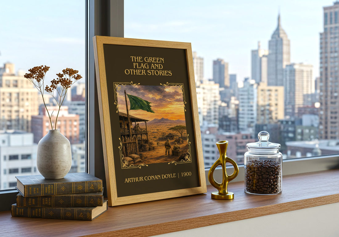 Green Flag And Other Stories Classic Book Art Print by A. Doyle – framed print on a city-view windowsill