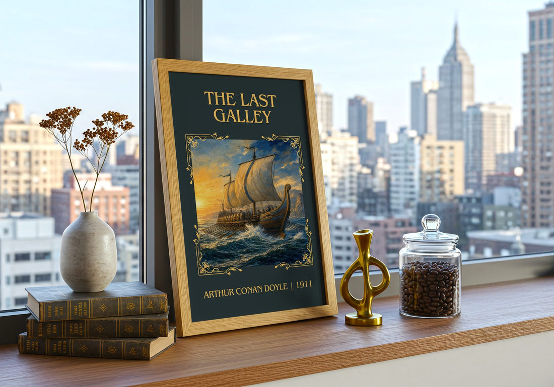The Last Galley Classic Book Art Print by Arthur Conan Doyle – framed print on a city-view windowsill
