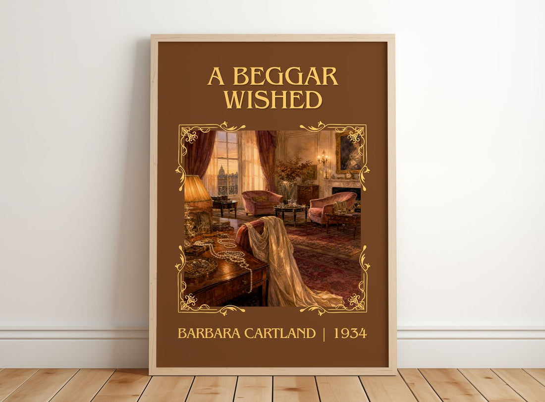 A Beggar Wished Classic Book Art Print by Barbara Cartland – framed print leaning on a wooden floor