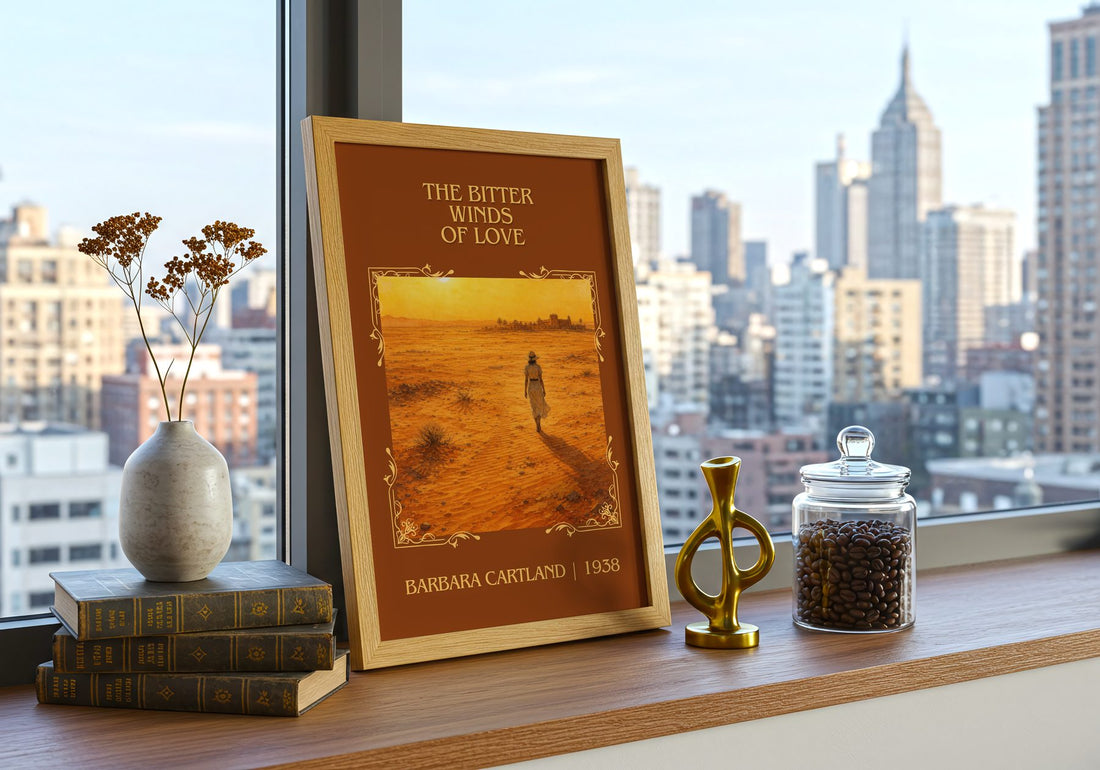 The Bitter Winds Of Love Classic Book Art Print by Barbara Cartland – framed print on a city-view windowsill