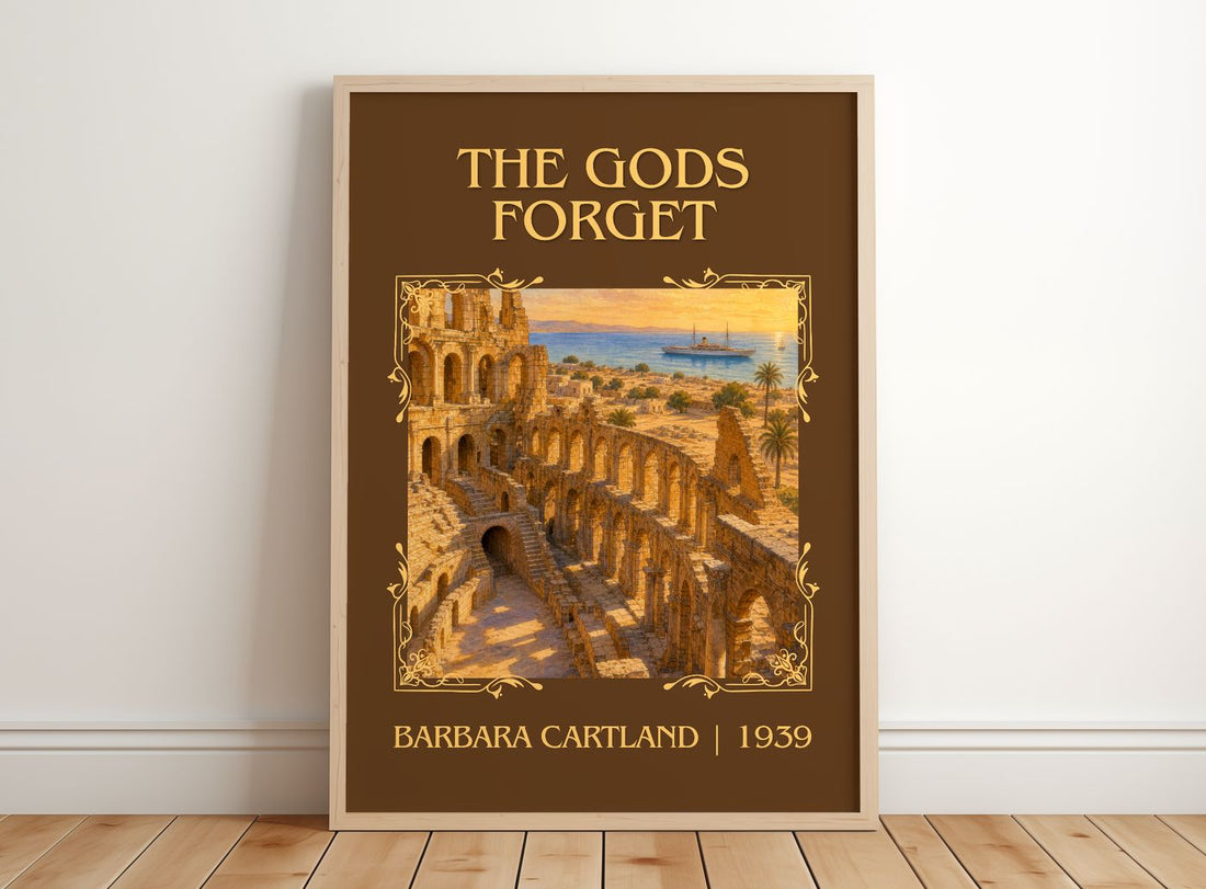 The Gods Forget Classic Book Art Print by Barbara Cartland – framed print leaning on a wooden floor
