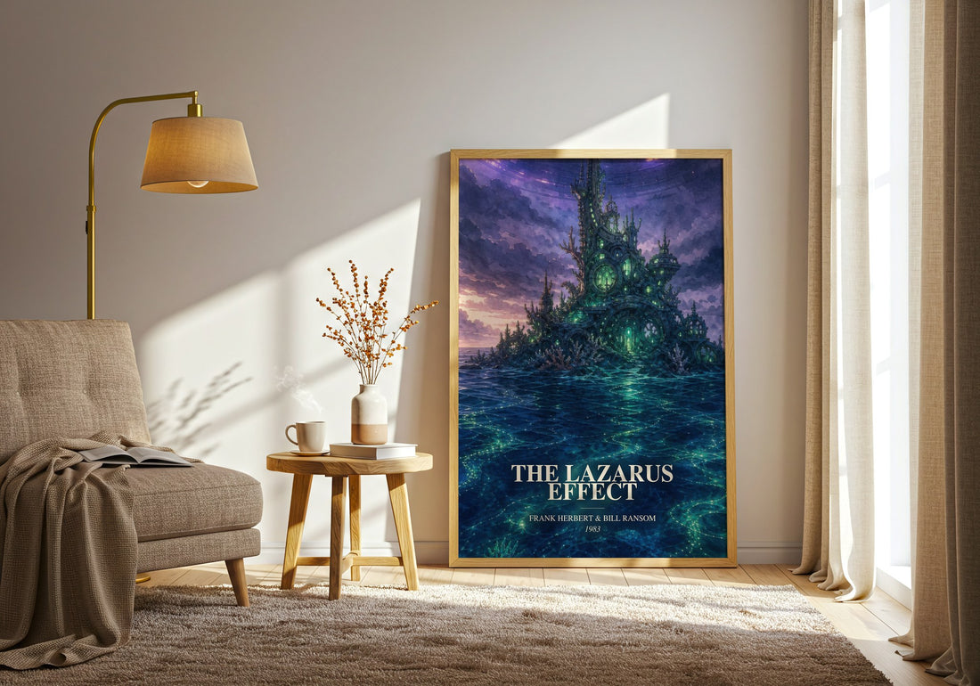 The Lazarus Effect watercolour print in frame leaning in hallway – sci fi wall art (mockup)