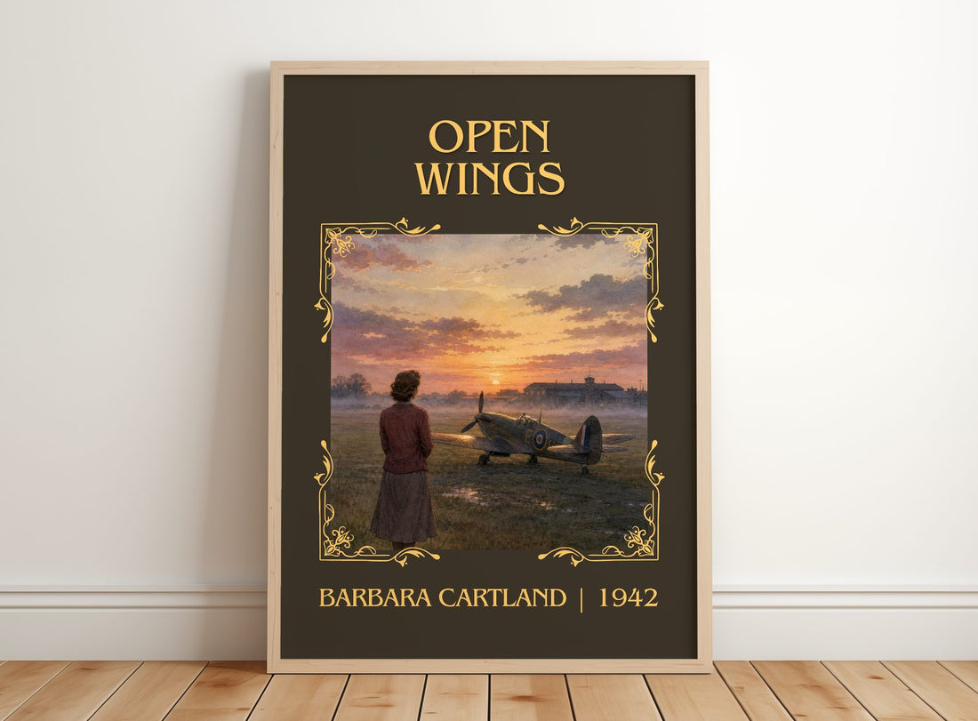 Open Wings Classic Book Art Print by Barbara Cartland – framed print leaning on a wooden floor