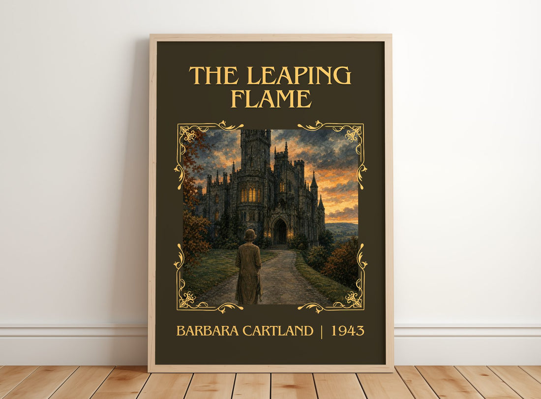 The Leaping Flame Classic Book Art Print by Barbara Cartland – framed print leaning on a wooden floor