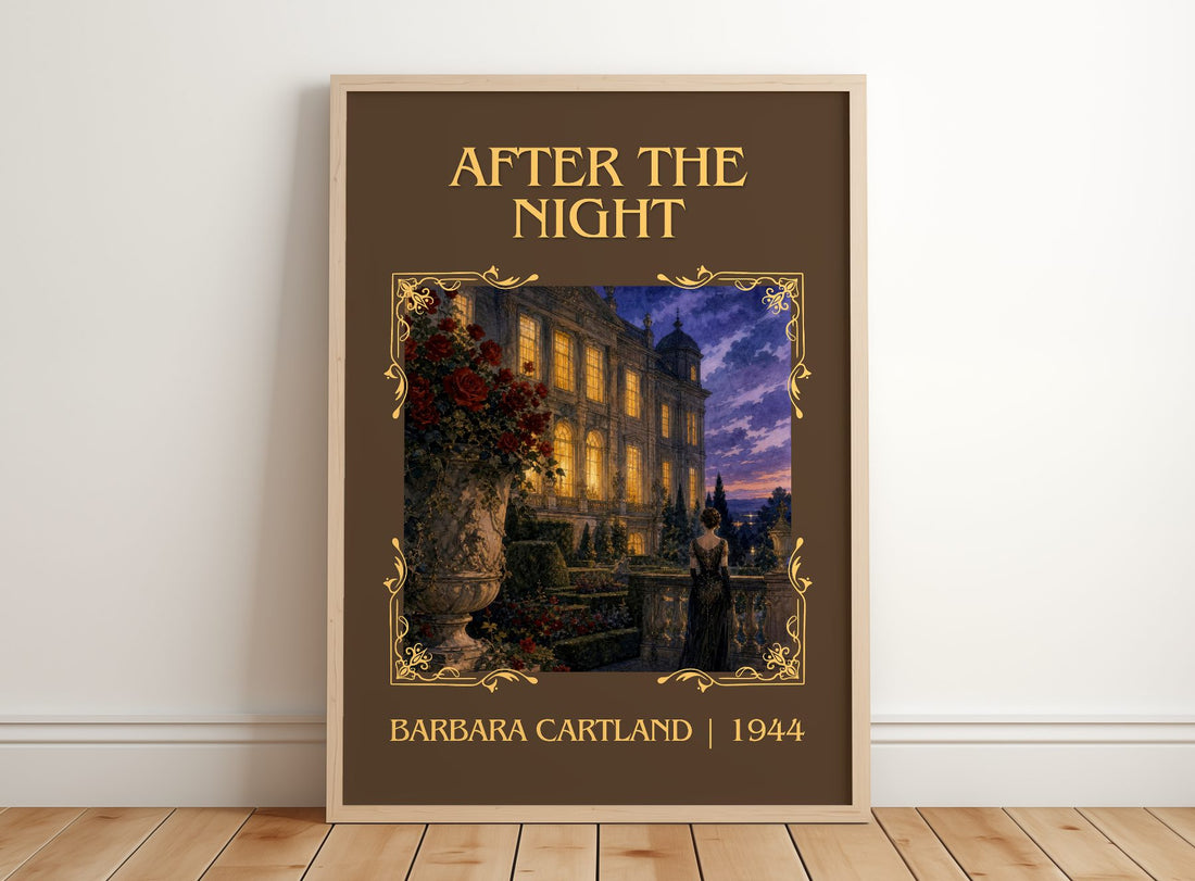 After The Night Classic Book Art Print by Barbara Cartland – framed print leaning on a wooden floor