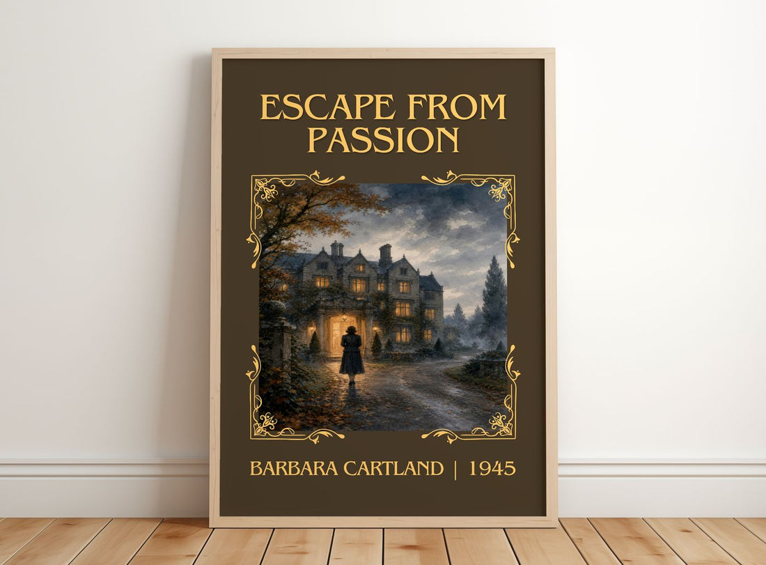 Escape From Passion Classic Book Art Print by Barbara Cartland – framed print leaning on a wooden floor