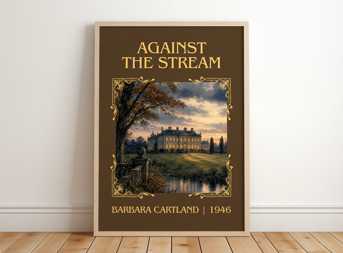 Against The Stream Classic Book Art Print by Barbara Cartland – framed print leaning on a wooden floor