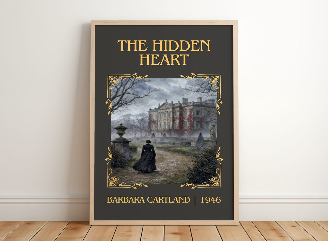 The Hidden Heart Classic Book Art Print by Barbara Cartland – framed print leaning on a wooden floor
