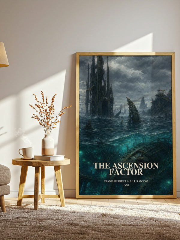 The Ascension Factor watercolour print in frame leaning in hallway – sci fi wall art