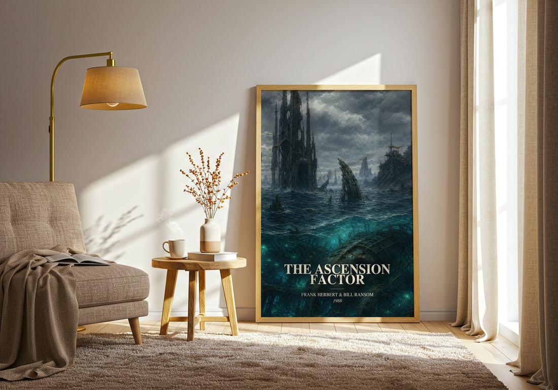 The Ascension Factor watercolour print in frame leaning in hallway – sci fi wall art (mockup)