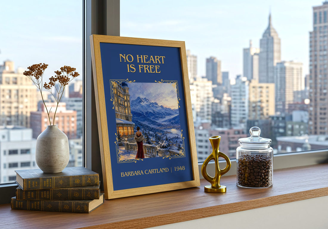 No Heart Is Free Classic Book Art Print by Barbara Cartland – framed print on a city-view windowsill