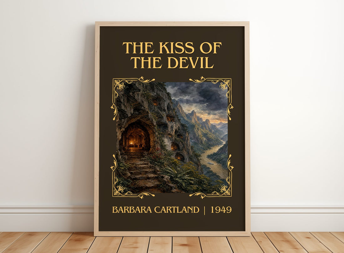 The Kiss Of The Devil Classic Book Art Print by Barbara Cartland – framed print leaning on a wooden floor