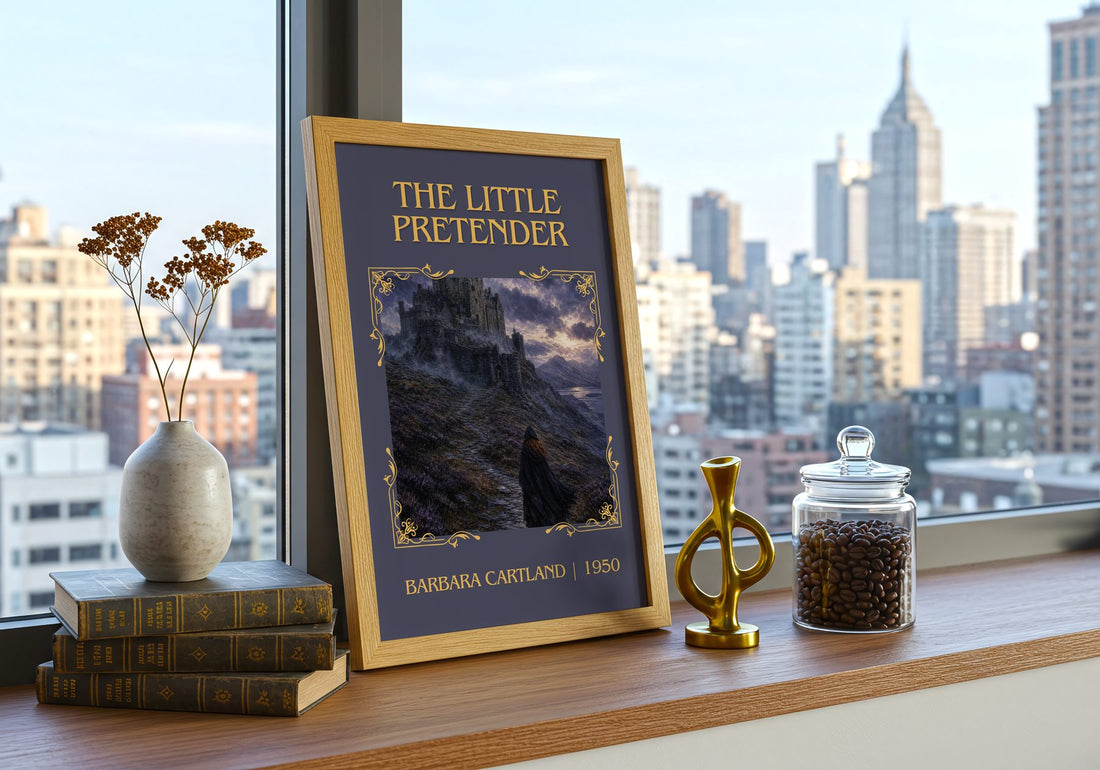 The Little Pretender Classic Book Art Print by Barbara Cartland – framed print on a city-view windowsill