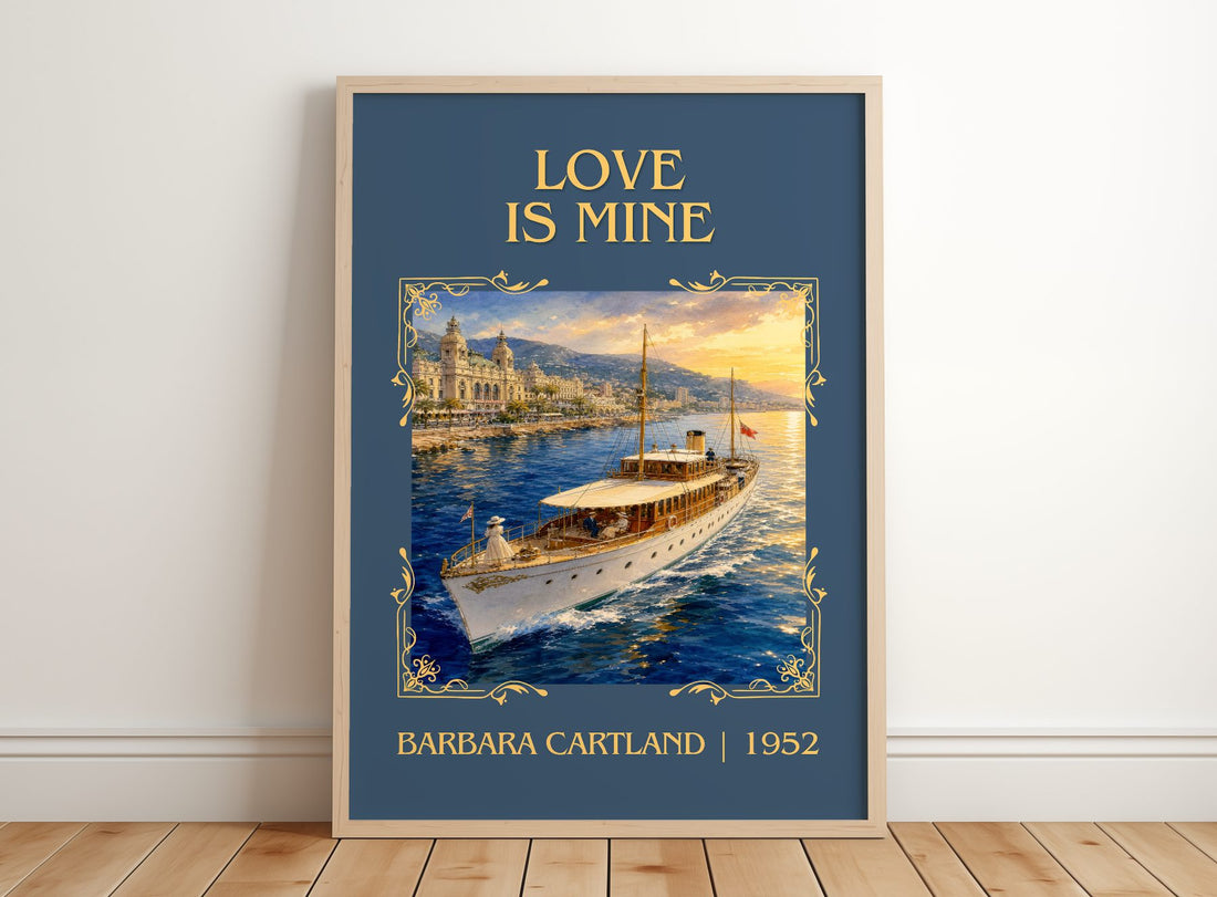 Love Is Mine Classic Book Art Print by Barbara Cartland – framed print leaning on a wooden floor