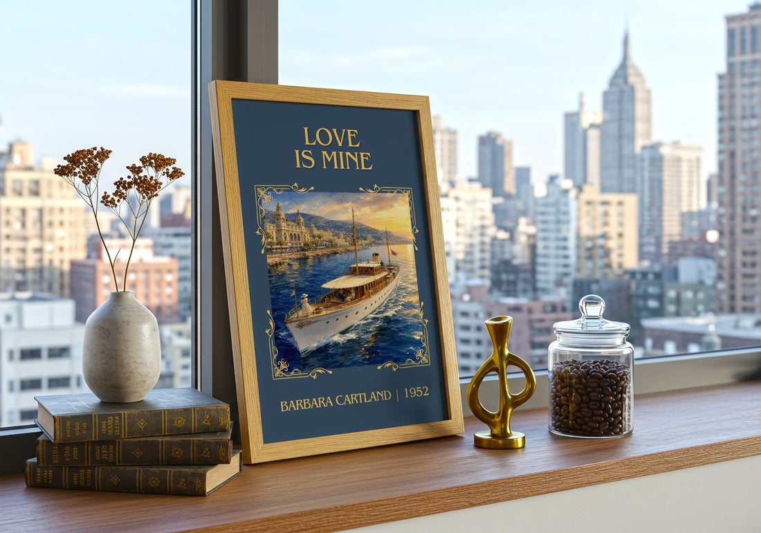 Love Is Mine Classic Book Art Print by Barbara Cartland – framed print on a city-view windowsill