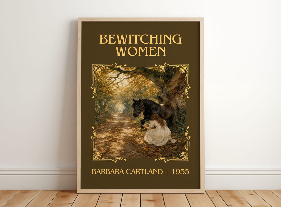 Bewitching Women Classic Book Art Print by Barbara Cartland – framed print leaning on a wooden floor