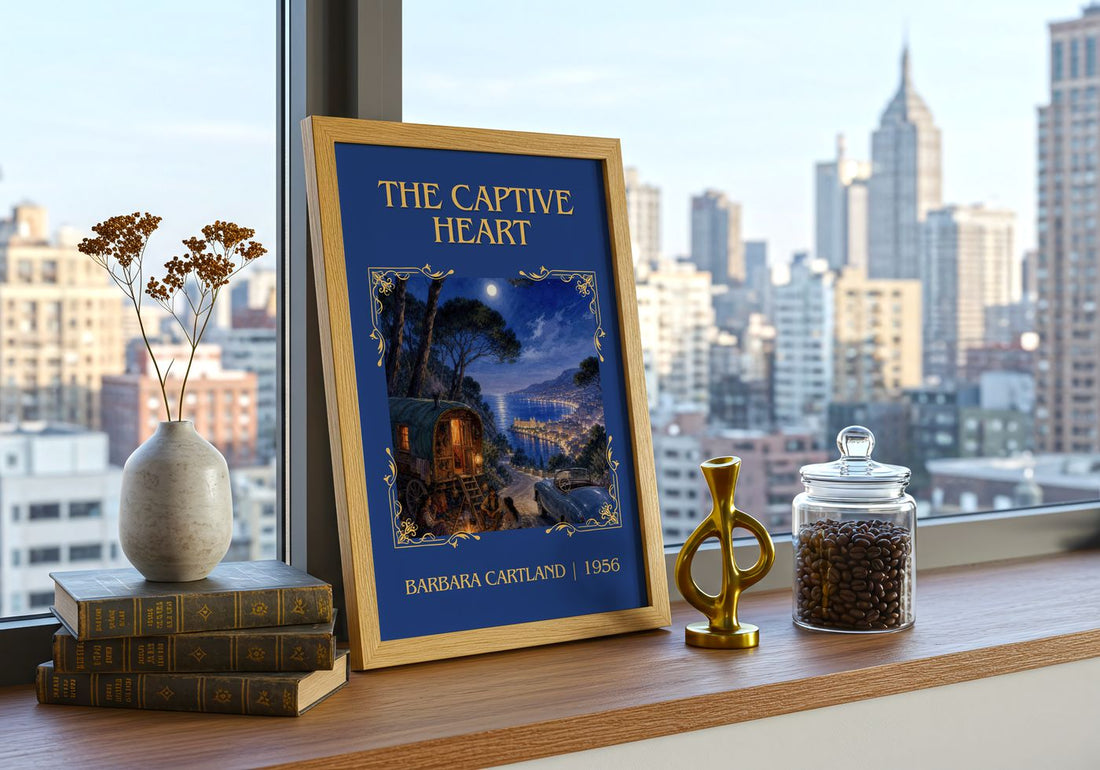 The Captive Heart Classic Book Art Print by Barbara Cartland – framed print on a city-view windowsill