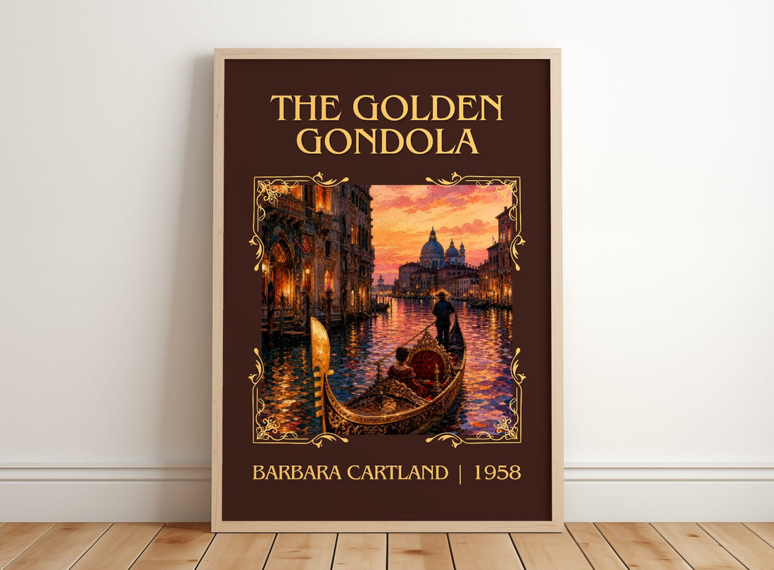 The Golden Gondola Classic Book Art Print by Barbara Cartland – framed print leaning on a wooden floor