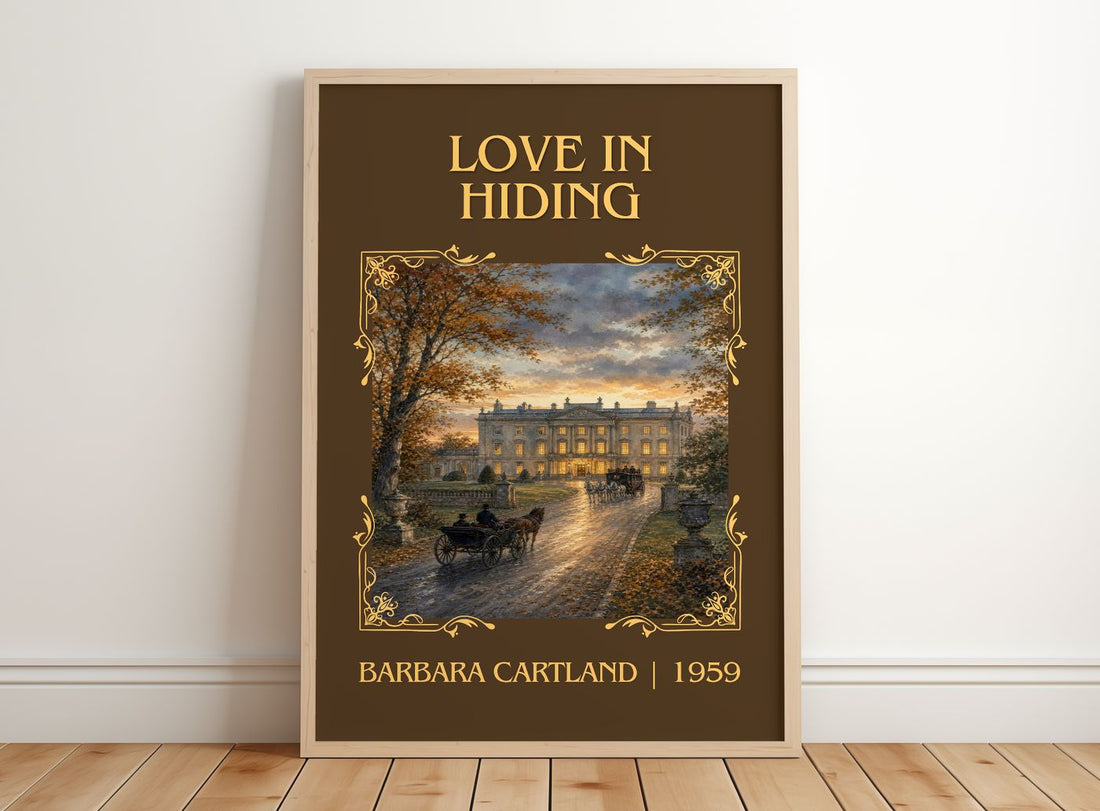Love In Hiding Classic Book Art Print by Barbara Cartland – framed print leaning on a wooden floor