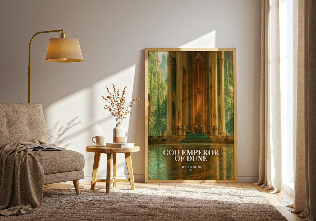 God Emperor Of Dune watercolour print in frame leaning in hallway – sci fi wall art (mockup)
