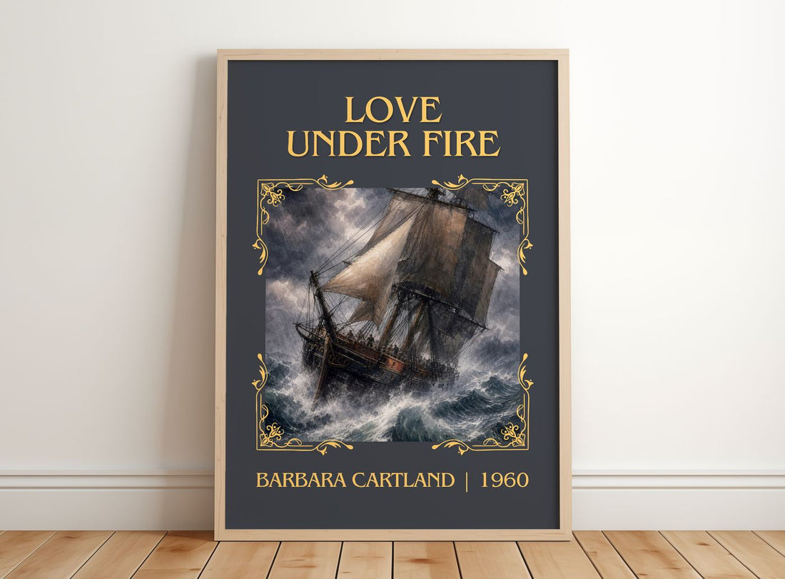 Love Under Fire Classic Book Art Print by Barbara Cartland – framed print leaning on a wooden floor