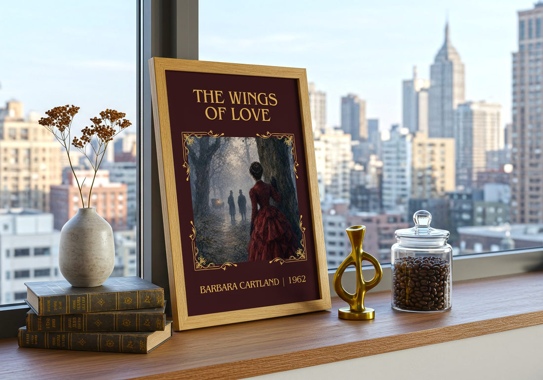 The Wings Of Love Classic Book Art Print by Barbara Cartland – framed print on a city-view windowsill